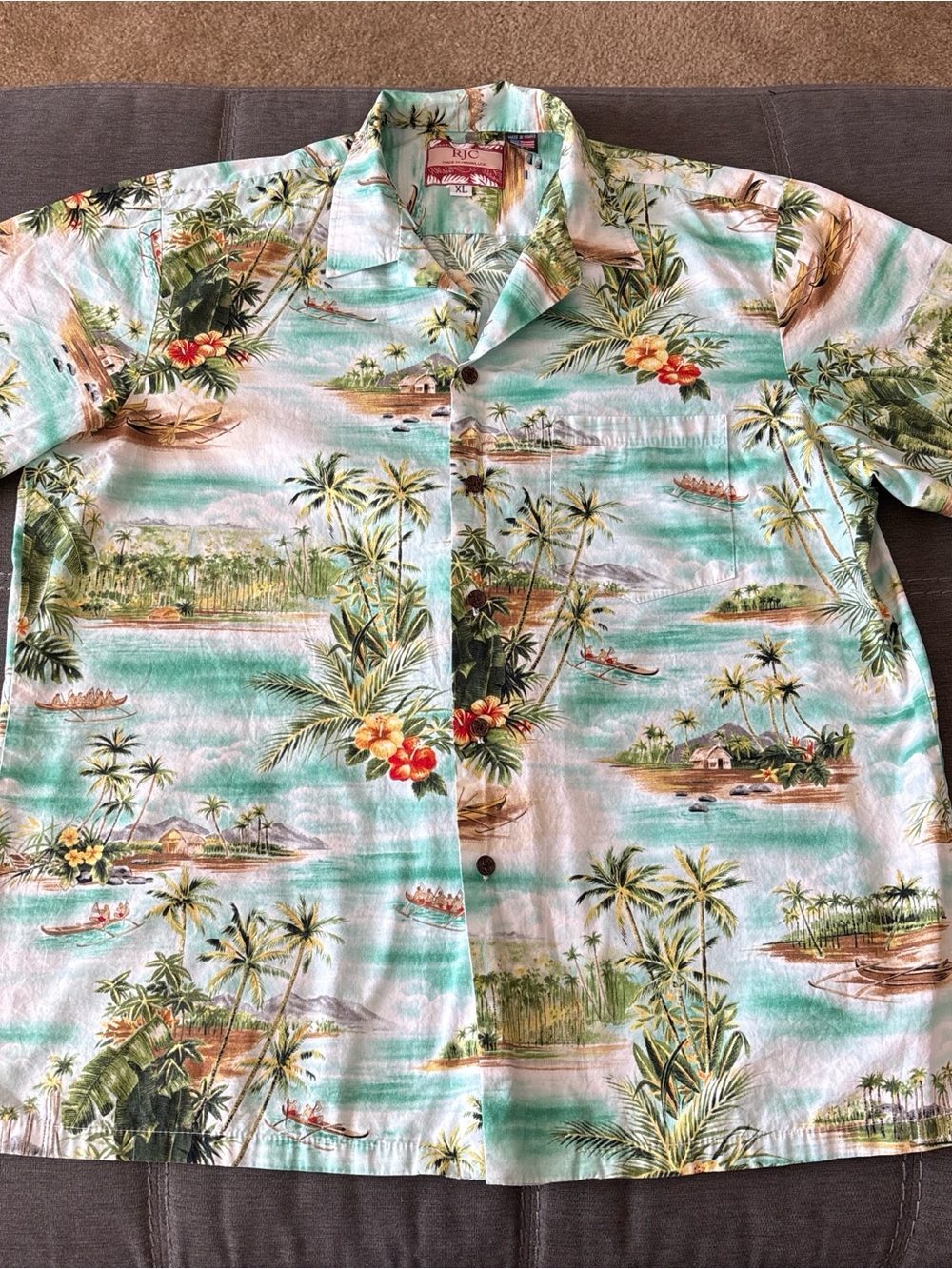 RJC Hawaiian Button Sz XL Palm Trees Boats Islands Men’s Short Sleeve Shirt